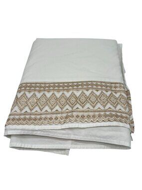 Vintage White Flat Sheet W/ Gold Geometric Embroidery Decorative Boho Flat Sheet